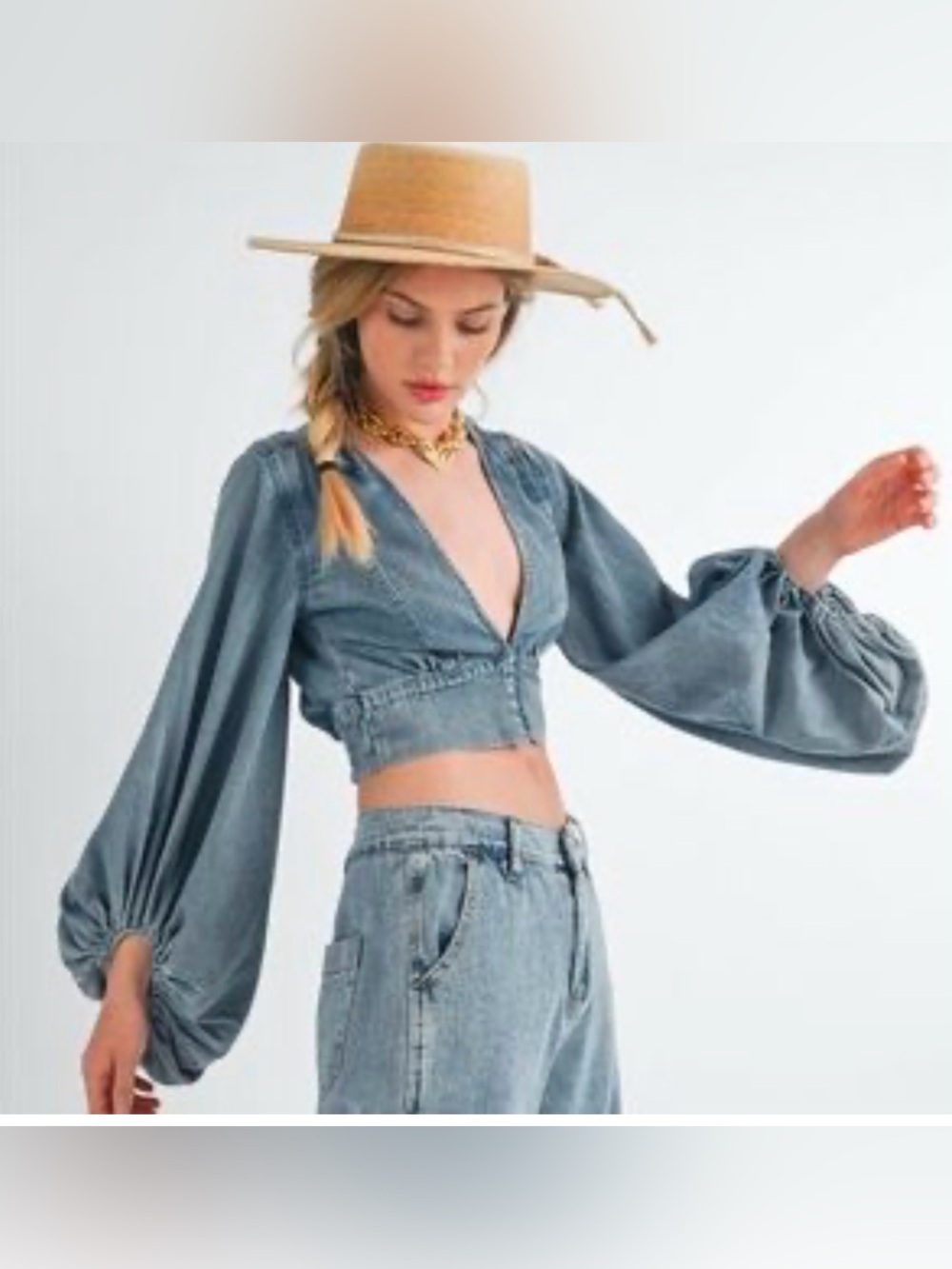 Vintage Graffiti Med Wash Denim Dramatic Balloon Sleeve Crop Top Sz Medium